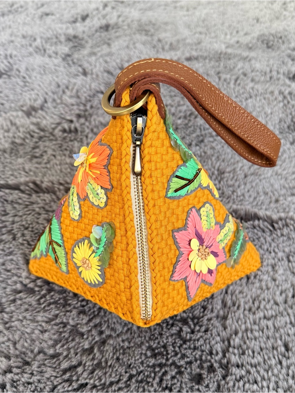 Mustard Floral Pyramid Wristlet Clutch with Brown Strap